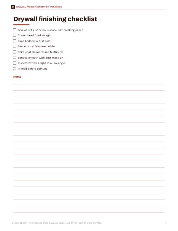 Preview of Printable Drywall Finishing Checklist
